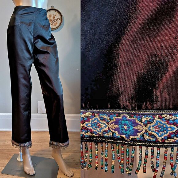 NWT Vintage Y2K Niki Livas brocade Pants High Rise Beaded Fringe Whimsigoth 4 - Picture 1 of 17
